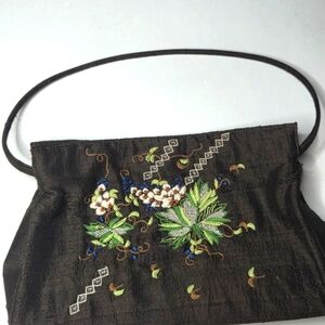 Vintage Moyna NY Brown Silk Purse Embroidered Hand Bag Floral